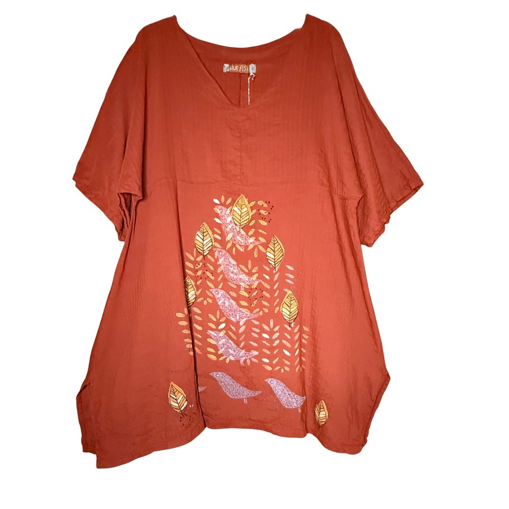 Blue Fish Iron Oxide Linen Square Tunic Bird Block Print Rust Orange NWT XL